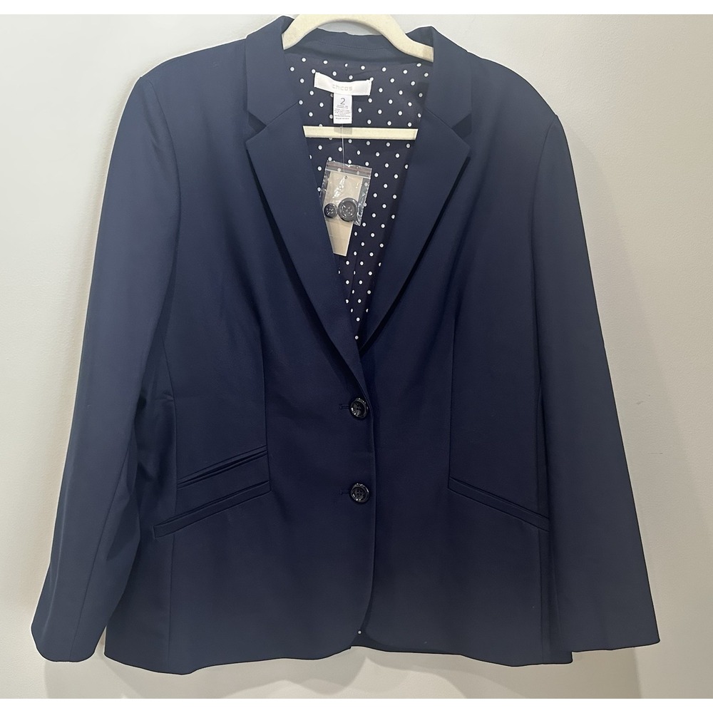 Chicos Navy Blue Blazer Jacket Size XL Blue Polka Dot Lined Career Business NWT
